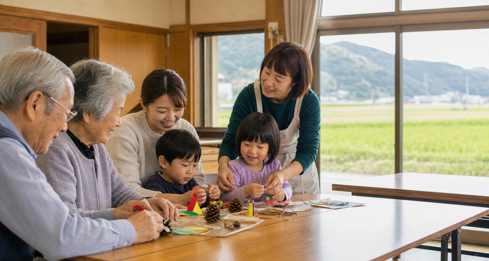 山形の農村風景を望む地域で、子どもから高齢者までが交流する様子